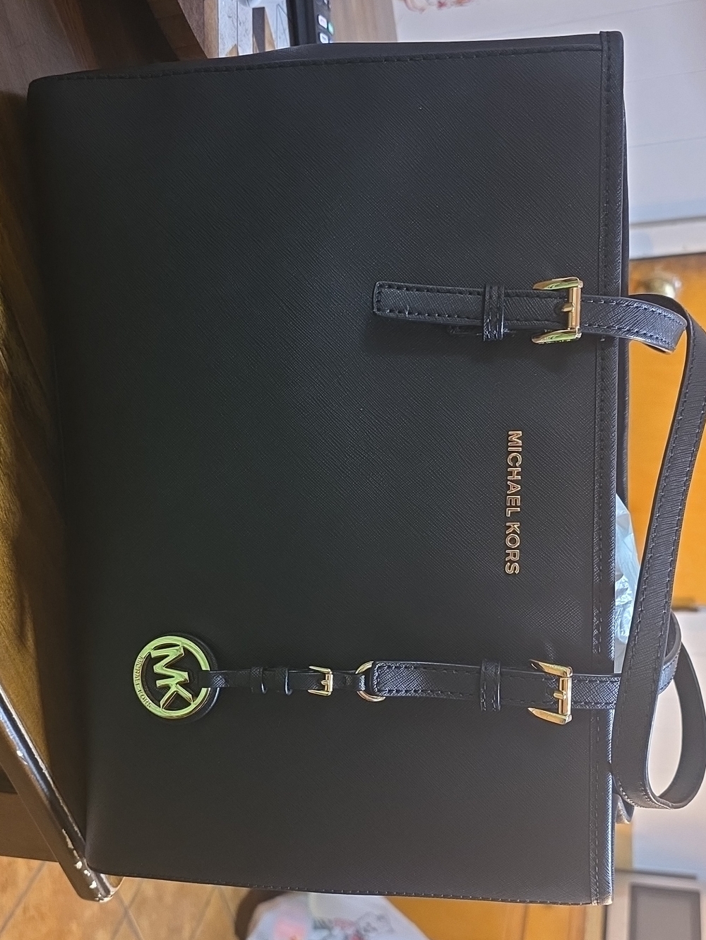 Michael Kors Black Leather Tote with Gold Hardware